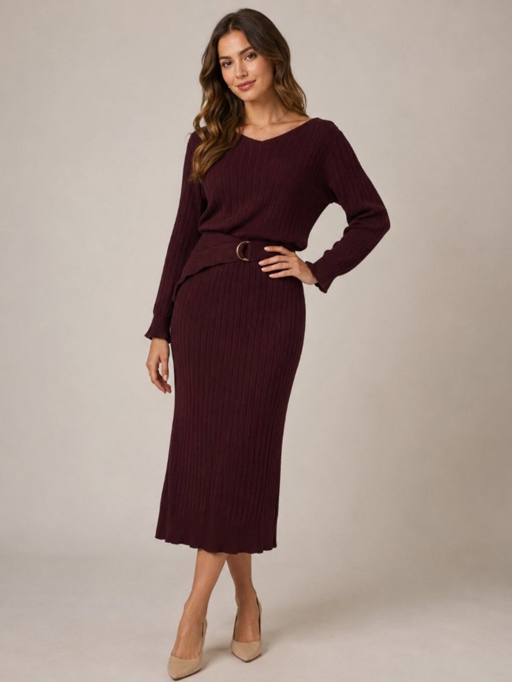 Free's Mart Burgundy Ribbed Knit Midi Dress Set with Belt | One Size